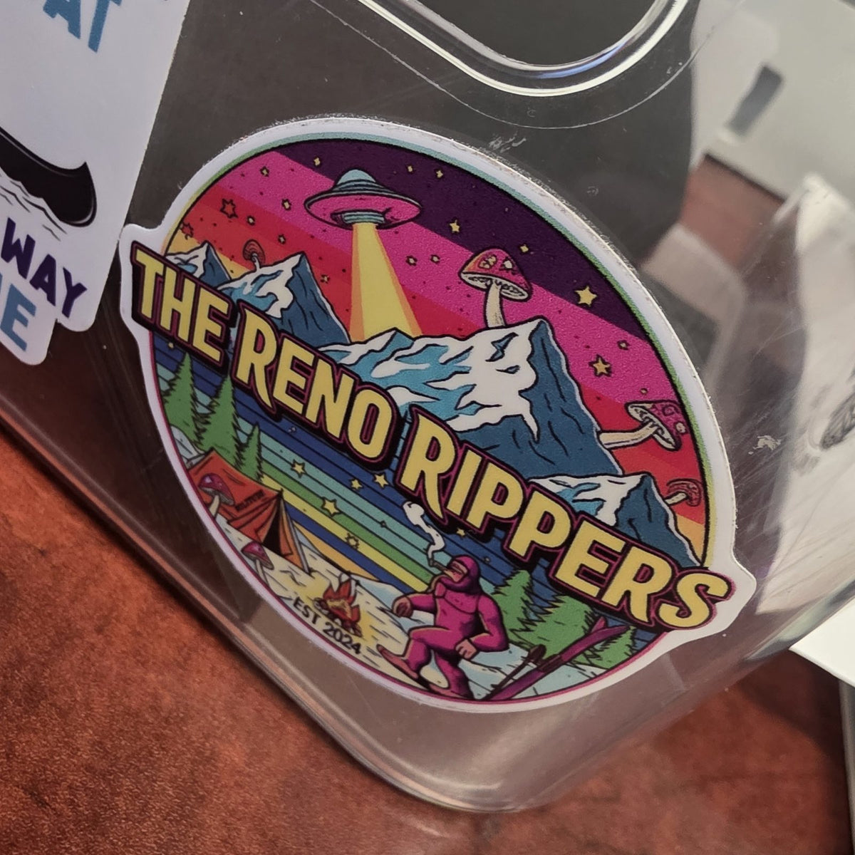 The Reno Rippers vinyl decal on a clear plastic bin