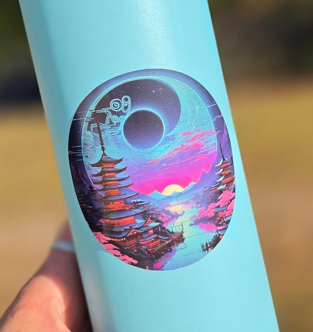 Round landscape sticker on a teal water bottle