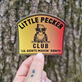Little Pecker Club sticker with a woodpecker in sunglasses and the motto 'Lil Gents Makin' Dents