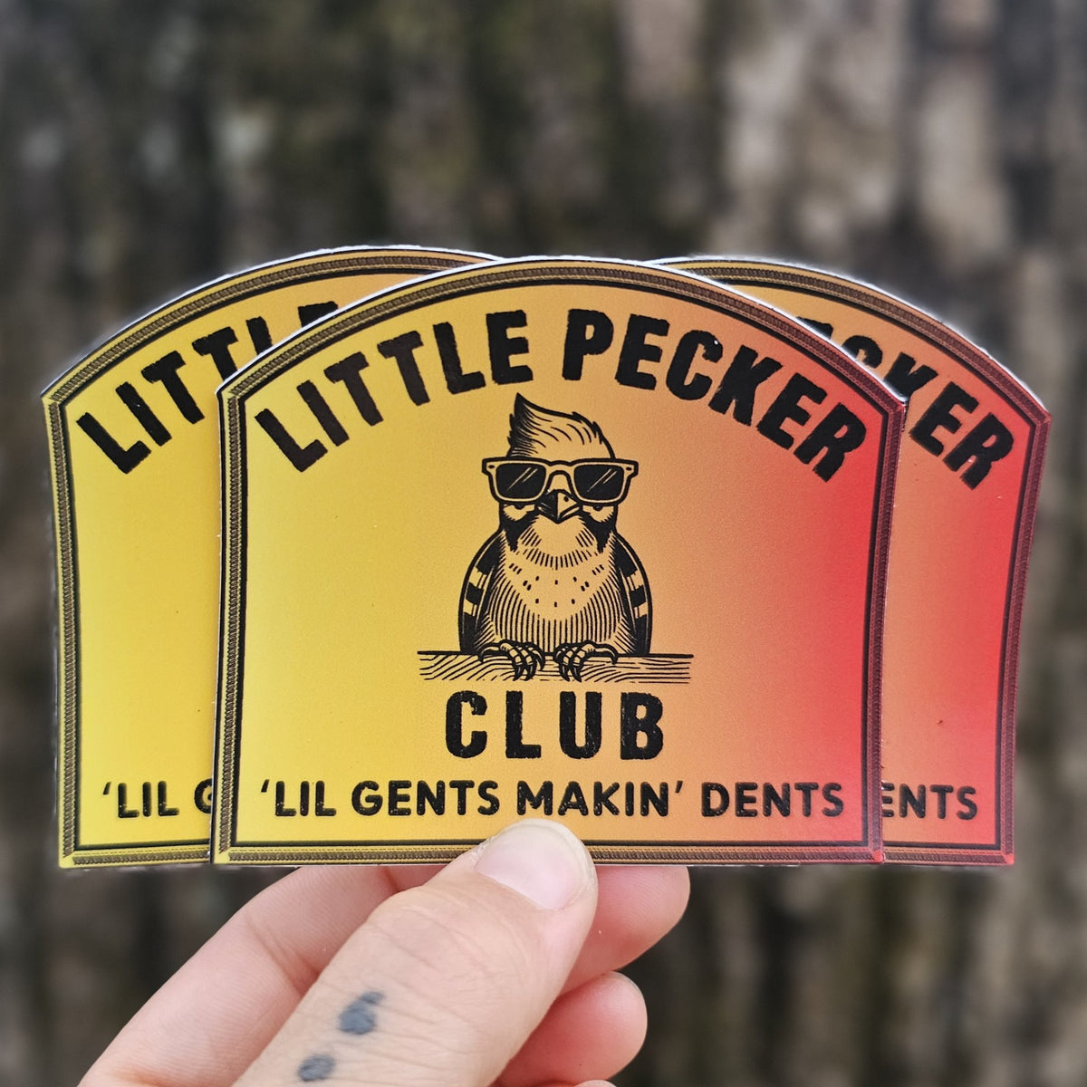 Three Little Pecker Club die cut stickers with a yellow to red gradient