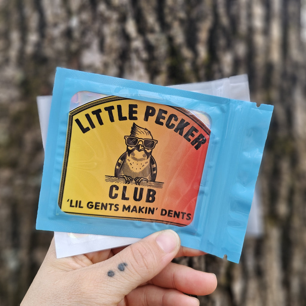 Little Pecker Club sticker in its resealable shipping pouch